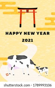 New Year's card postcard template 2021 ox year, image of cow of the first year of the shrine and the messenger of God - Translation: cow