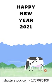 New Year's card postcard template Illustration of Holstein in the ranch, oxen year 2021 - Translation: cow