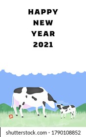 New Year's card postcard template Illustration of Holstein in the ranch, oxen year 2021 - Translation: cow