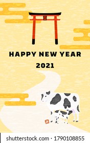 New Year's card postcard template 2021 ox year, image of cow of the first year of the shrine and the messenger of God - Translation: cow