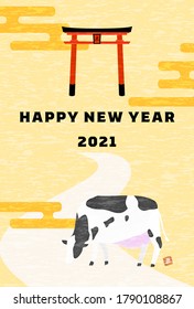 New Year's card postcard template 2021 ox year, image of cow of the first year of the shrine and the messenger of God - Translation: cow