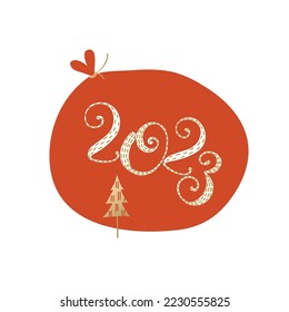 New Year's card, poster. Santa's bag. 2023 drawn cartoon numbers. lettering.
