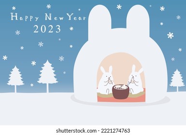 New Year's Card With A Rabbit Eating Rice Cakes In A Kamakura