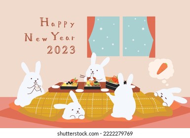 New Year's card of a rabbit eating New Year's food with a kotatsu