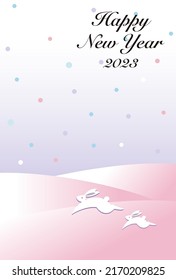 New Year's card of a rabbit parent and child running in a snowy landscape
