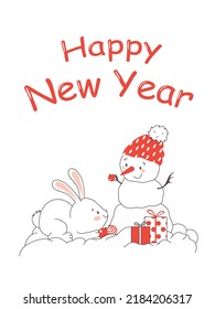 New Year's card. The rabbit is the symbol of 2023. A rabbit is decorating a Christmas tree. Vector illustration