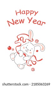 New Year's card. The rabbit is the symbol of 2023. A rabbit is decorating a Christmas tree. Vector illustration