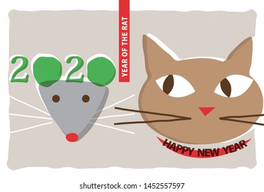 New Year's card of rat and cat. Year of the rat 2020.