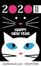 New Year's card of rat and cat. Year of the rat 2020.