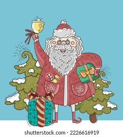 New Year's card. Santa Claus on a blue background with Christmas trees. Cartoon postcard with Santa Claus. Santa Claus is holding a gift.