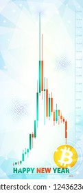 New Year's card with schedule of bitcoin, which is shaped like a Christmas tree. Creative vector template of Xmas card with BTC chart