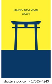 New Year's card: shrine torii silhouette, yellow and dark blue design
Japanese traditional New Year greetings