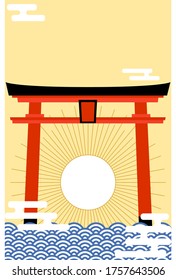 New Year's card: shrine torii and sun, haze and wave design Japanese traditional New Year greeting
