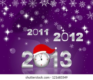 New Year's card. Silver 2011, 2012 and 3d 2013 with clock in Santa's hat. Vector illustration.