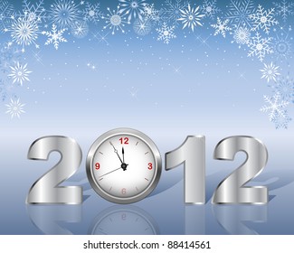 New Year's card with silver figure 2012 and clock. 10 EPS. Vector illustration.