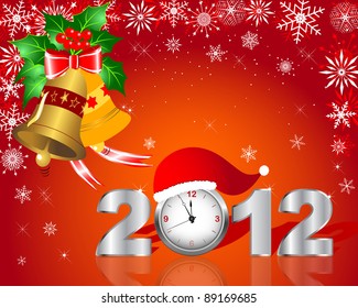 New Year's card. Silver figure 2012 with clock and handbells. 10 EPS. Vector illustration.