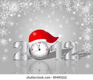 New Year's card. Silver figure 2012 with clock in cap. 10 EPS. Vector illustration.