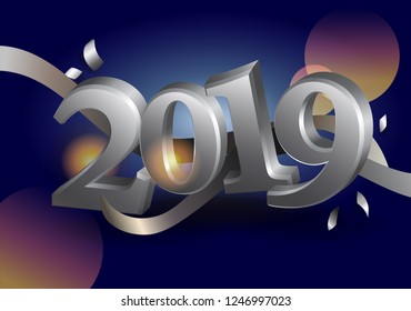 New Year's card with silver volumetric figures 2019. Approaching the holiday.