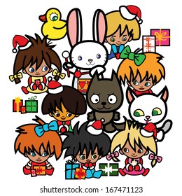 New year`s card with singing kids and little animals on white background. New Years and Christmas illustration in vector