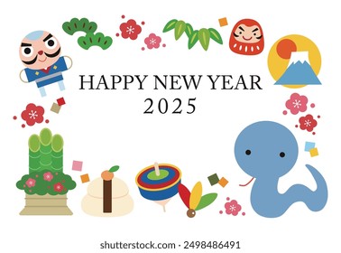 New Year's card with snake character and lucky charms for the year 2025