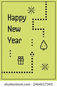 New Year's card with snake game. Nostalgia of 90s. Pixel Christmas tree, gift box and snowflakes. Abstract retro poster with electronic graphics. Memories concepts. Vector vintage illustration.