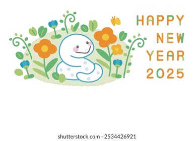 New Year's card of a snake relaxing in the grass surrounded by plants [Horizontal] (2025, Snake)