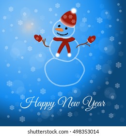 New Year's card with snowman with hat, scarf and mittens. Vector illustration.