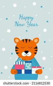 New Year's card. Striped tiger in a sweater and with gifts. An orange tiger in a blue jacket. Snowflakes.