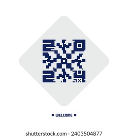 Silvester-Karte mit stylisierter Pixelschneeflocke. Link zum Übergang ins neue Jahr. Angabe nach QR-Code. Willkommen im neuen Jahr 2024!