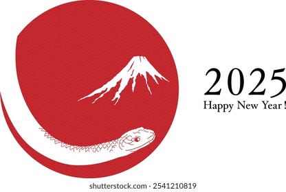 New Year's card with sunrise of Circle and snake and Mount Fuji