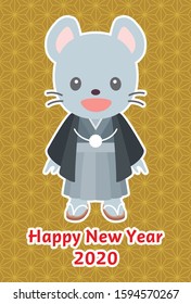 New year's card template 2020. A mouse boy wearing a kimono. Hemp leaf pattern (yellow).