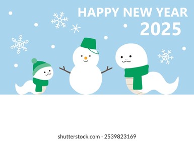 New Year's card template for 2025, Year of the Snake. Cute, snowman, parent and child, vector