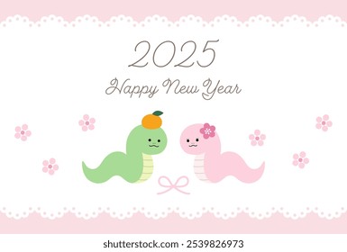 New Year's card template for 2025, Year of the Snake. Cute, lace, flowers, vector