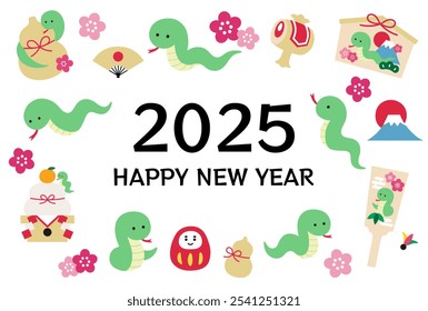 Plantilla de la tarjeta del Año Nuevo para 2025, Año de la Serpiente. Serpiente, lindo, amuleto de la suerte, Vector