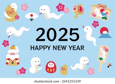 New Year's card template for 2025, Year of the Snake. Snake, cute, white snake, lucky charm, vector