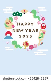 New Year's card template for 2025, Year of the Snake. Snake, cute, lucky charm, vector