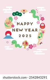 New Year's card template for 2025, Year of the Snake. Snake, cute, lucky charm, vector