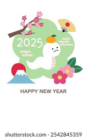 Plantilla de la tarjeta del Año Nuevo para 2025, Año de la Serpiente. Año de la serpiente, Serpiente blanca, Lindo, Flores, Vector