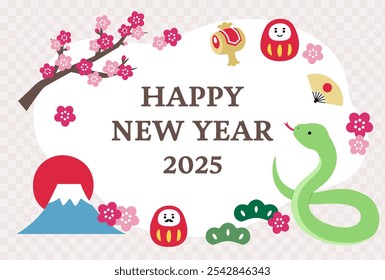 New Year's card template for 2025, Year of the Snake. Snake, cute, lucky charm, vector