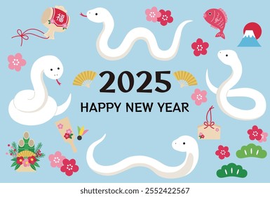 Plantilla de la tarjeta del Año Nuevo para 2025, Año de la Serpiente. Lindo, serpiente blanca, amuleto de la suerte, Vector