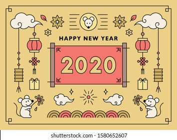 New Year's card template of asian pattern. with white mouse. flat design style minimal vector illustration.