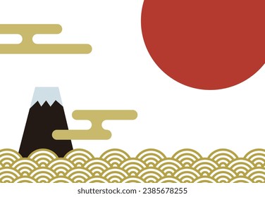 New Year's card template with black Fuji, New Year's sunrise and wave pattern.