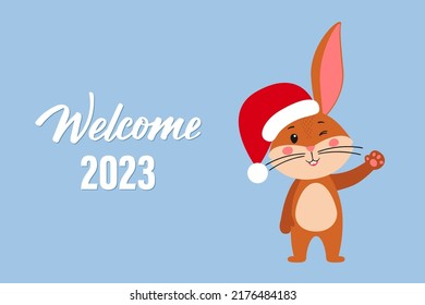 A New Year's card template with a cute rabbit, the symbol of the year 2023 in the Chinese calendar. Handwritten text "Welcome, 2023". Vector stock illustration.