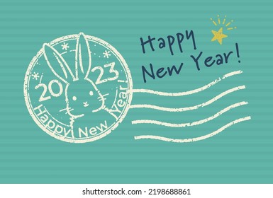 New Year's card template with cute rabbit illustration (in postmark style)