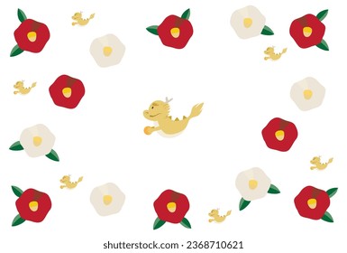 New Year's card template of a dragon with camellia flowers and jewels.