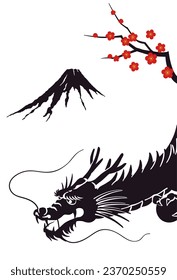 New Year's card template with dragon, Mt. Fuji, and plum tree