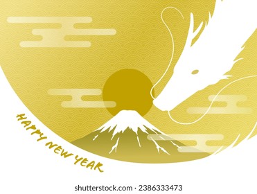 New Year's card template with dragon, Mt. Fuji, and sunrise