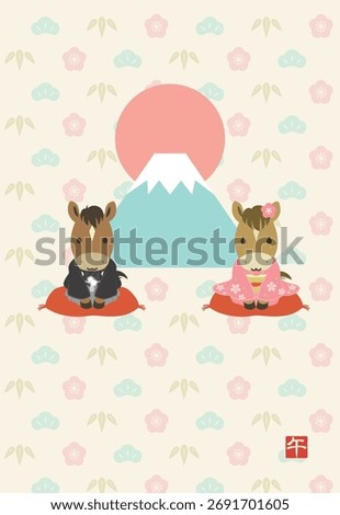 New Year's card template featuring Mount Fuji and a cute horse couple (no greeting text)
The little red seal says Horse.