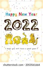 New Year's card template illustration for 2022 with four tigers. English. Portrait orientation.