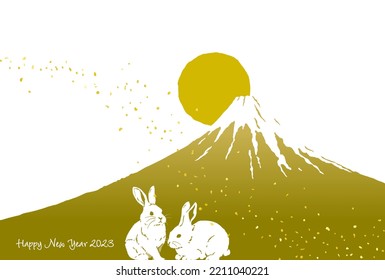 New Year's card template with Mt. Fuji, sunrise and rabbit.